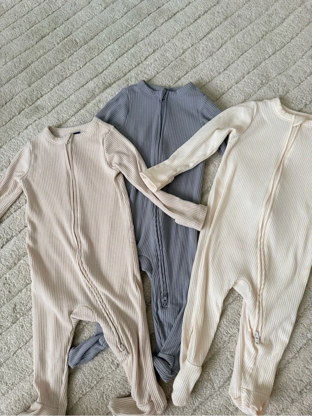 Old Navy Ribbed Footed Baby One-Piece Trio in Beige, Gray, and Cream